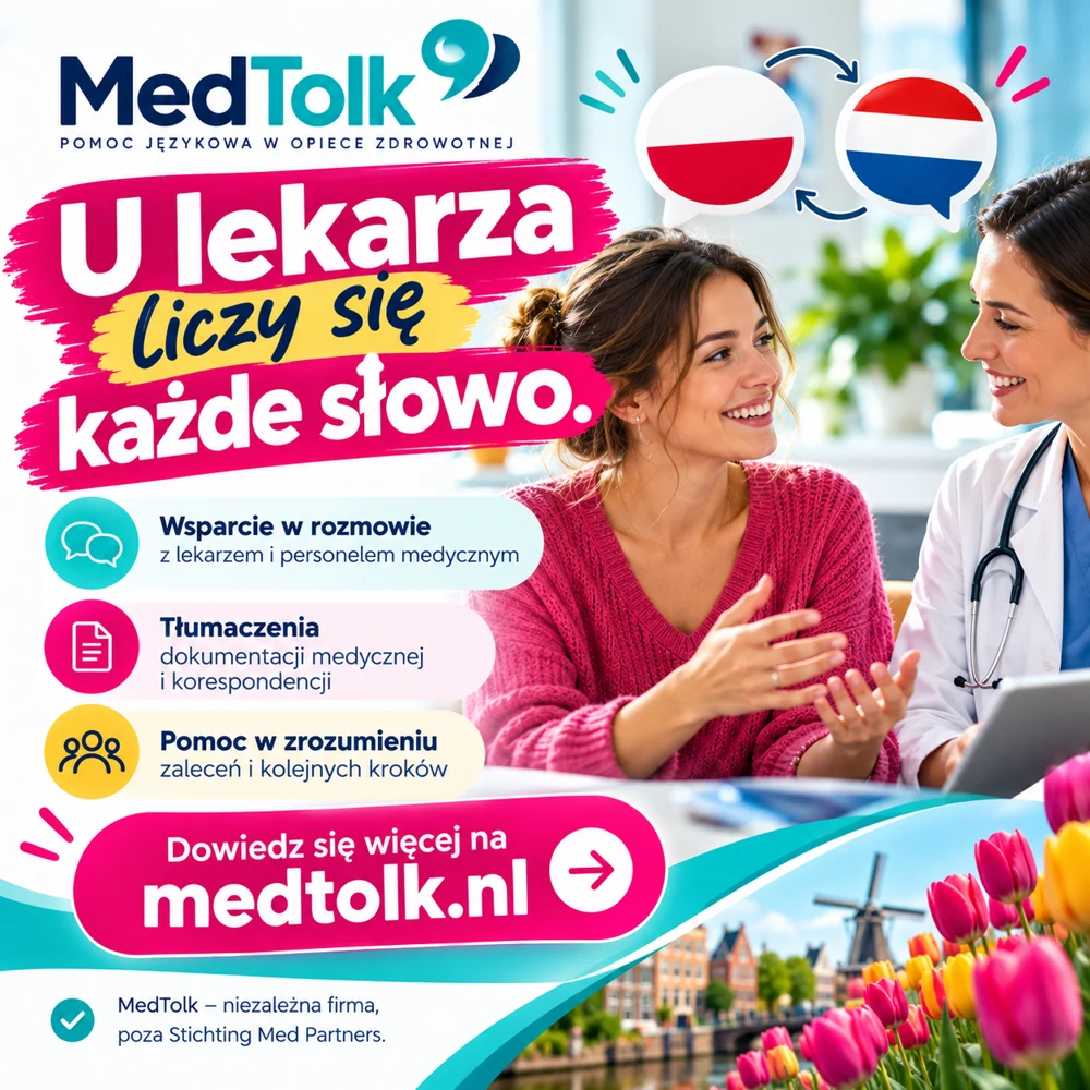 MedTolk. U lekarza liczy się każde słowo. Wsparcie w rozmowie, tłumaczenia dokumentacji i pomoc językowa w zrozumieniu zaleceń. medtolk.nl — niezależny usługodawca. Otwiera się w nowej karcie.